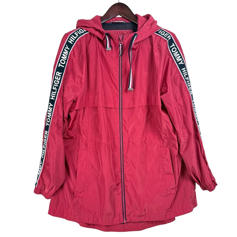 Tommy Hilfiger Windbreaker Jacket Large Red Logo Tape Hooded Gorpcore Retro TORN